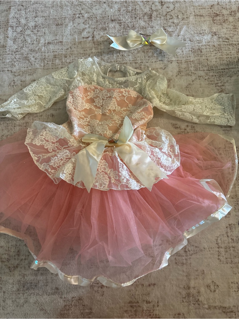 Weissman Ivory Lace Pink Tutu Dress with Ivory Satin Bow Hair Clip Dance Costume